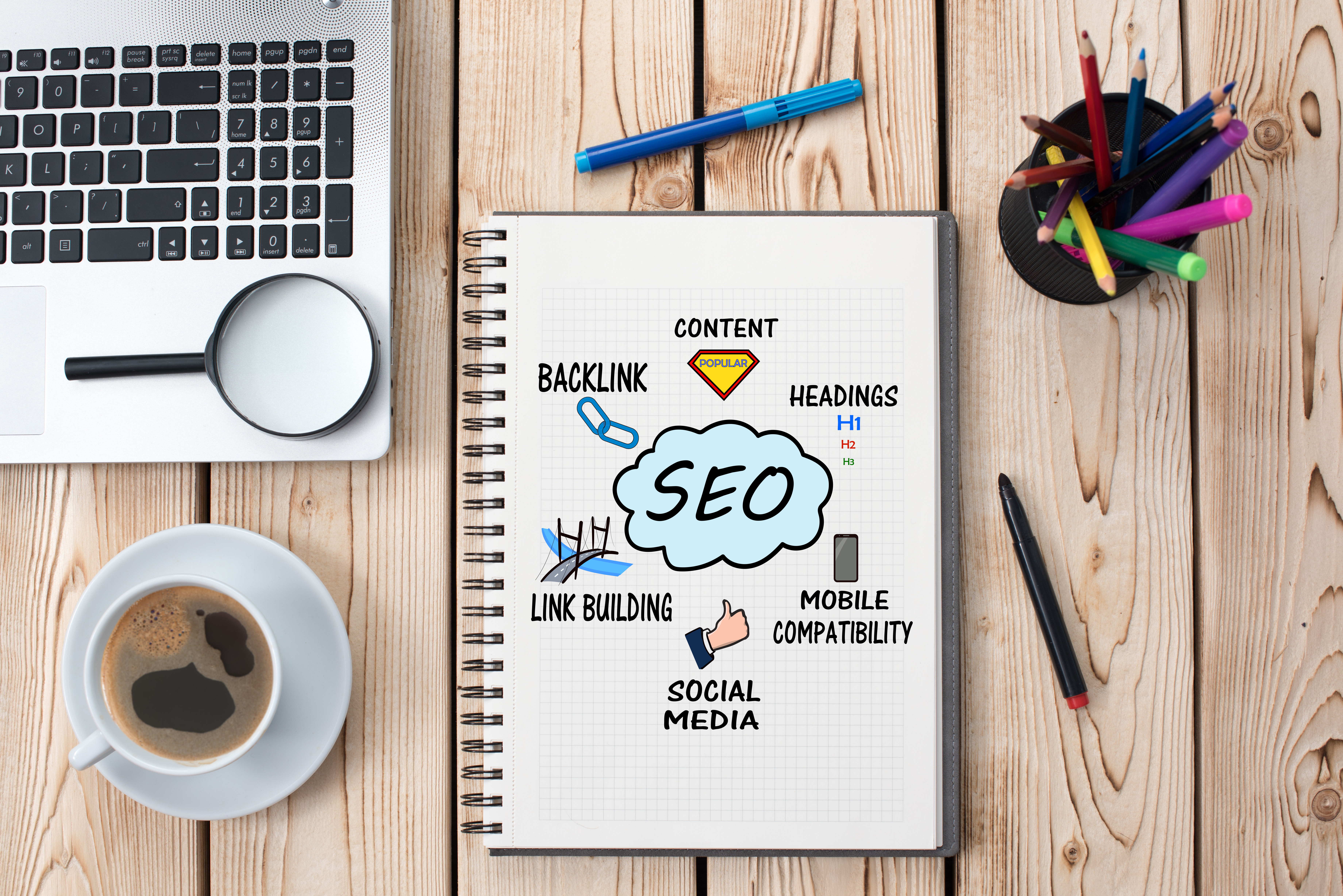 S.E.O. such as backlink, content, headings, mobile compatibility, social media, and link building.